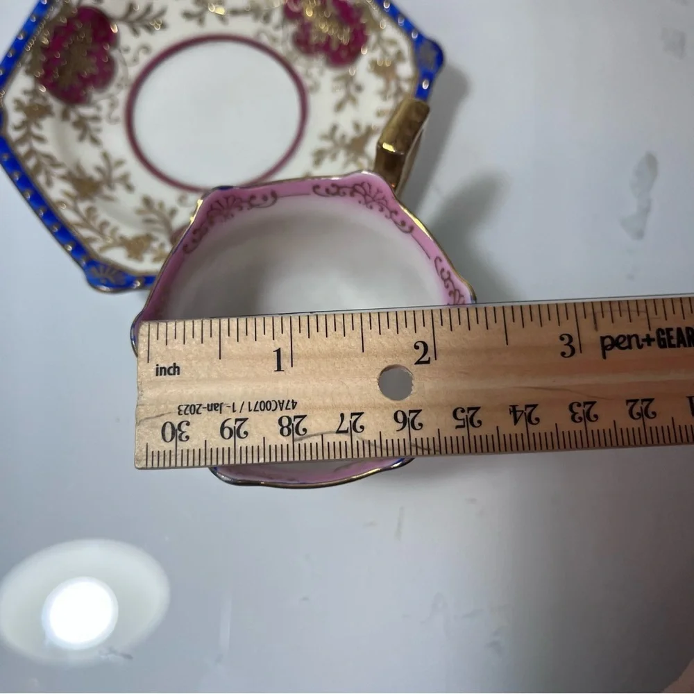 Japanese Ornate Gilt Porcelain Tea Cup & Saucer - Pink, Blue, Gold miniature